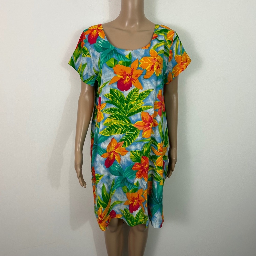 Jams World Womens Large Tropical Floral Rayon Lace Back Mini Dress Blue Orange